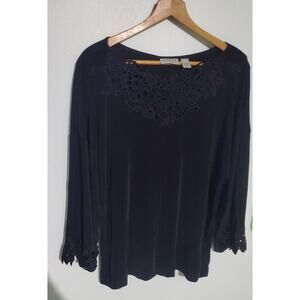 Chicos Travelers Black Slinky Pullober Shirt woth lace detail Size 3 Casual